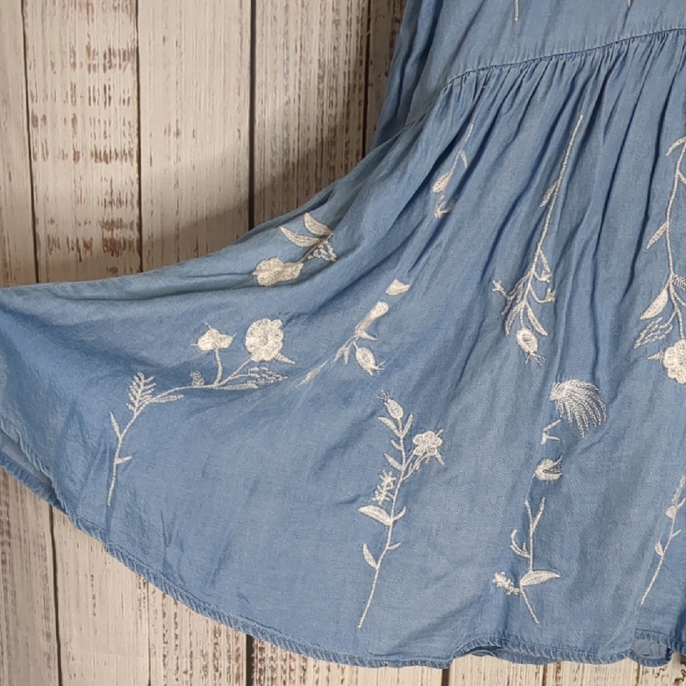 Philosophy Tencel Chambray Drop Waist Dress W/ Long Sleeves, Floral Embroidery - Picture 6 of 13